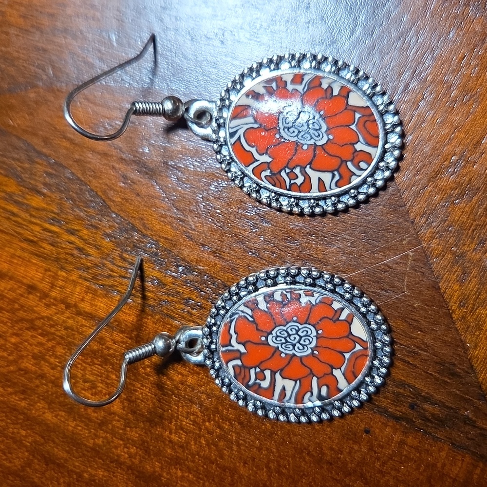Elegant Silver and Orange Floral Earrings